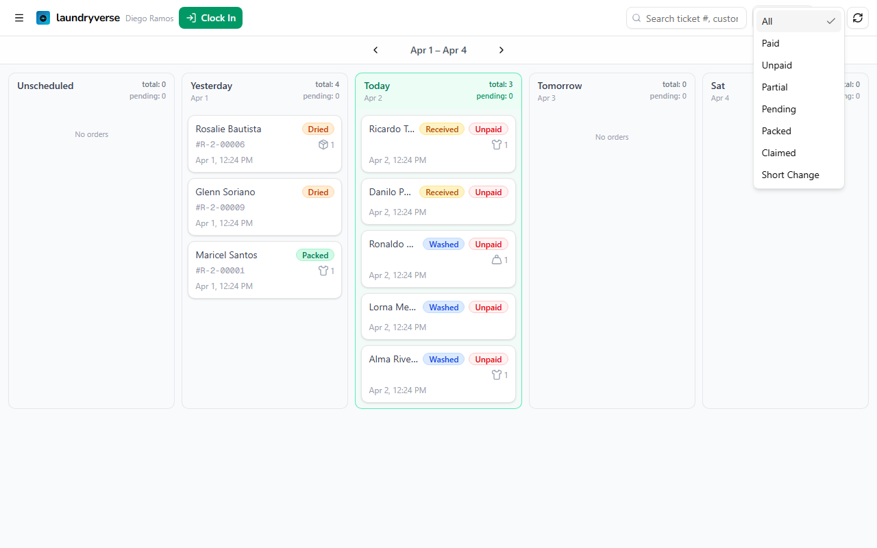 Order Board with filter dropdown open