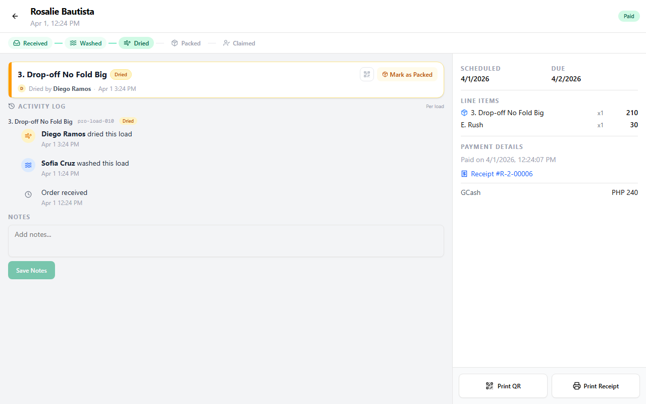 Order detail page with load advancement