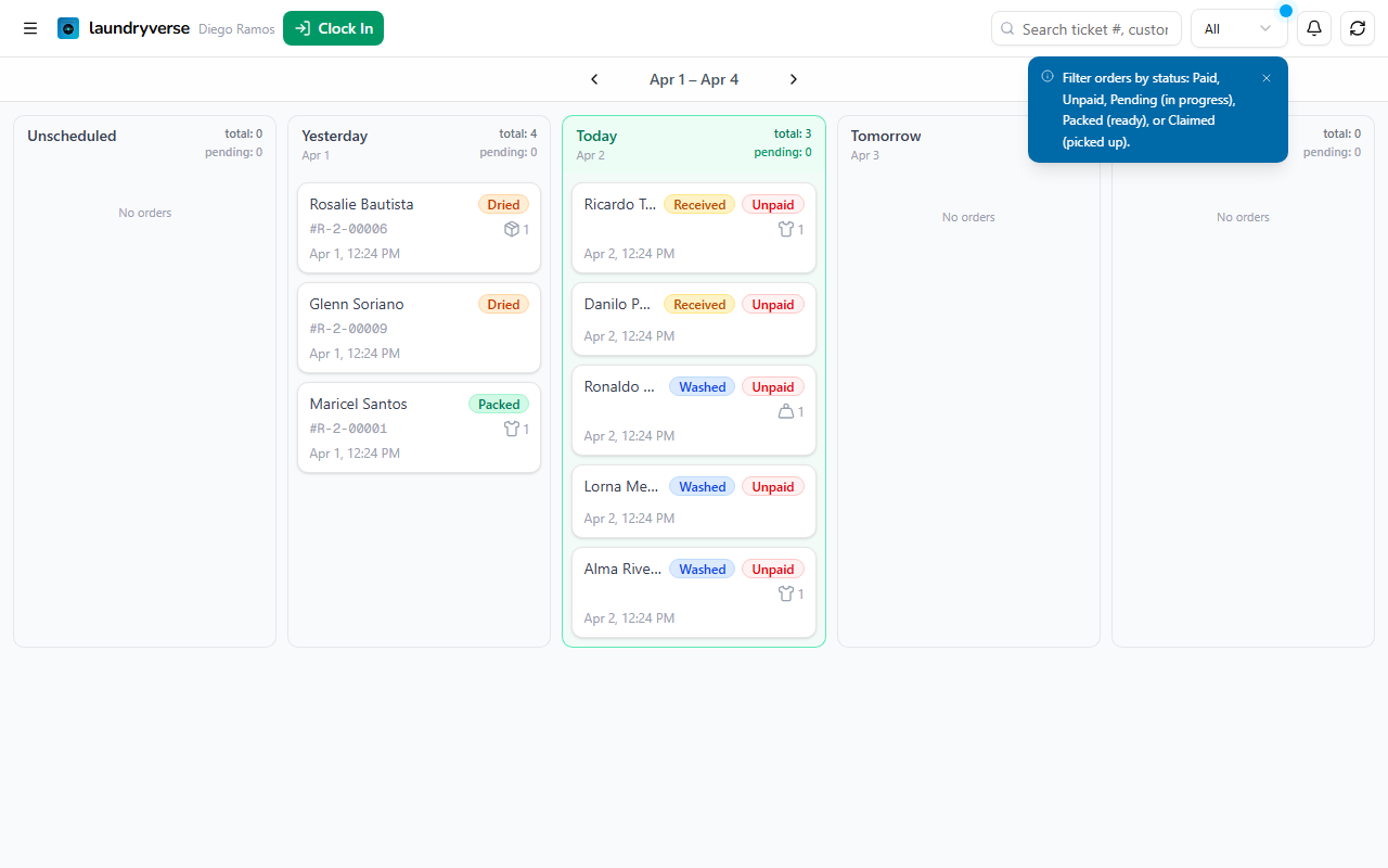 Order Board with orders in date columns