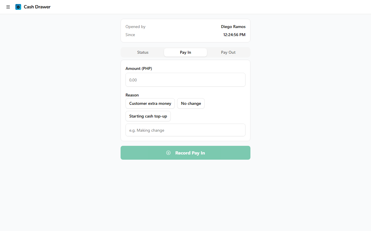 Pay In form with amount and reason