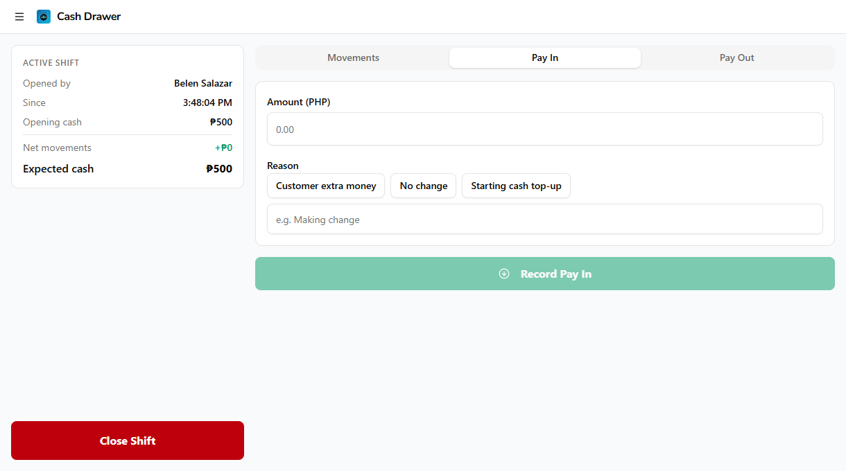 Pay In form with amount and reason