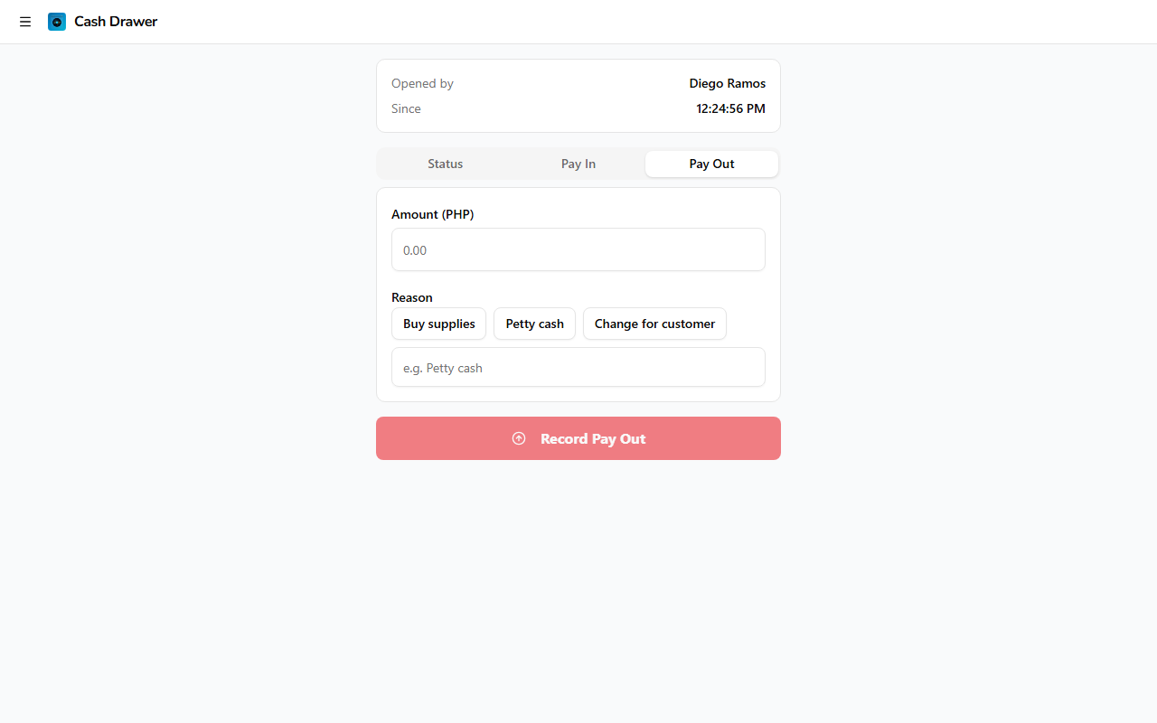 Pay Out form with amount and reason
