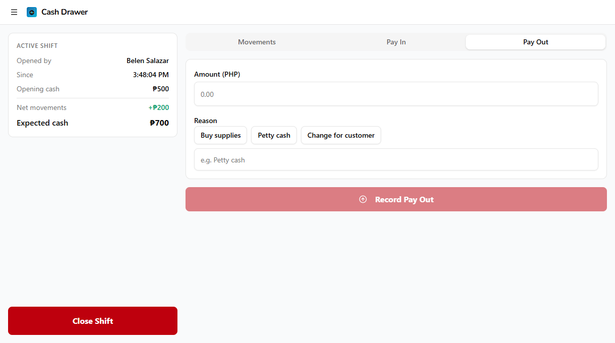 Pay Out form with amount and reason