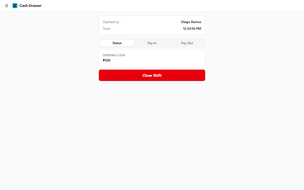 Cash Drawer Status tab with shift info and movements