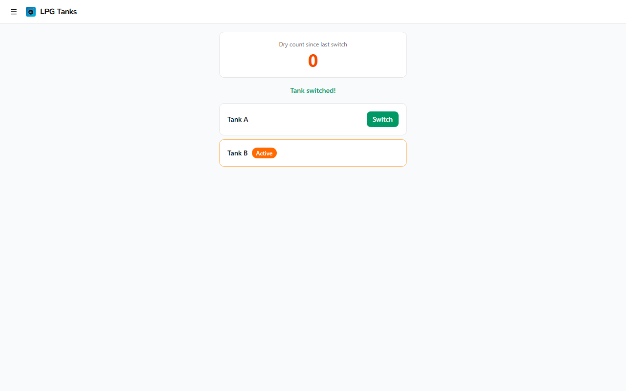 LPG Tanks page after switching, showing dry count reset to zero and Tank B now Active