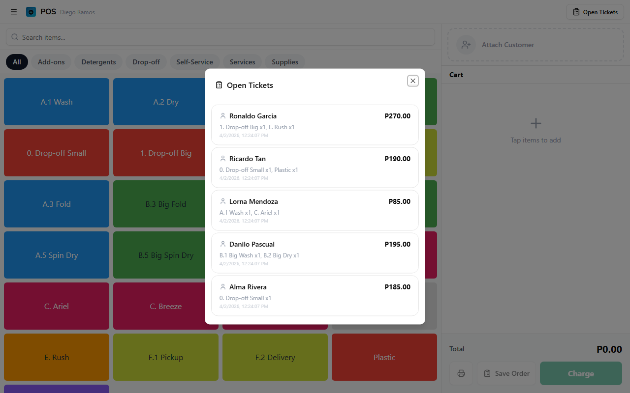 Open Tickets dialog showing a list of unpaid and partially paid orders