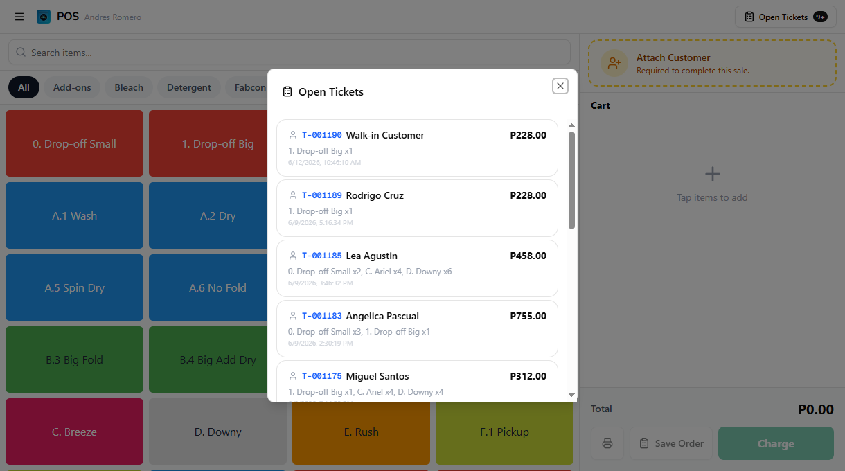 Open Tickets dialog listing unpaid and partially paid orders