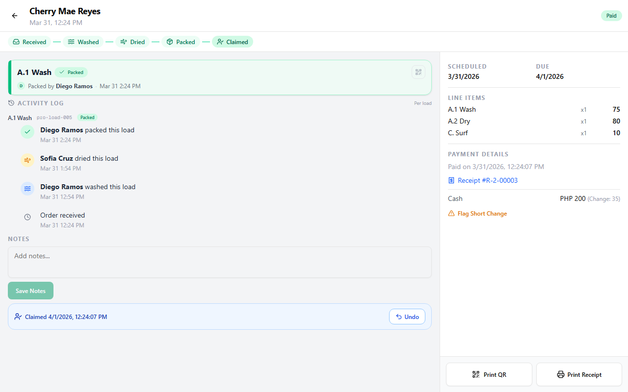 Claimed order showing a blue banner with the timestamp and an Undo button