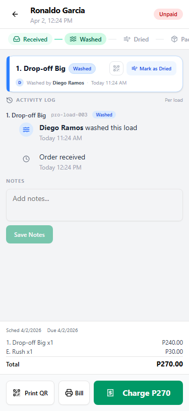 Order detail on mobile with the sticky bottom action bar