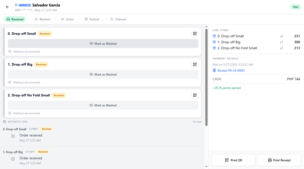Order detail page showing two packed loads and a payment summary