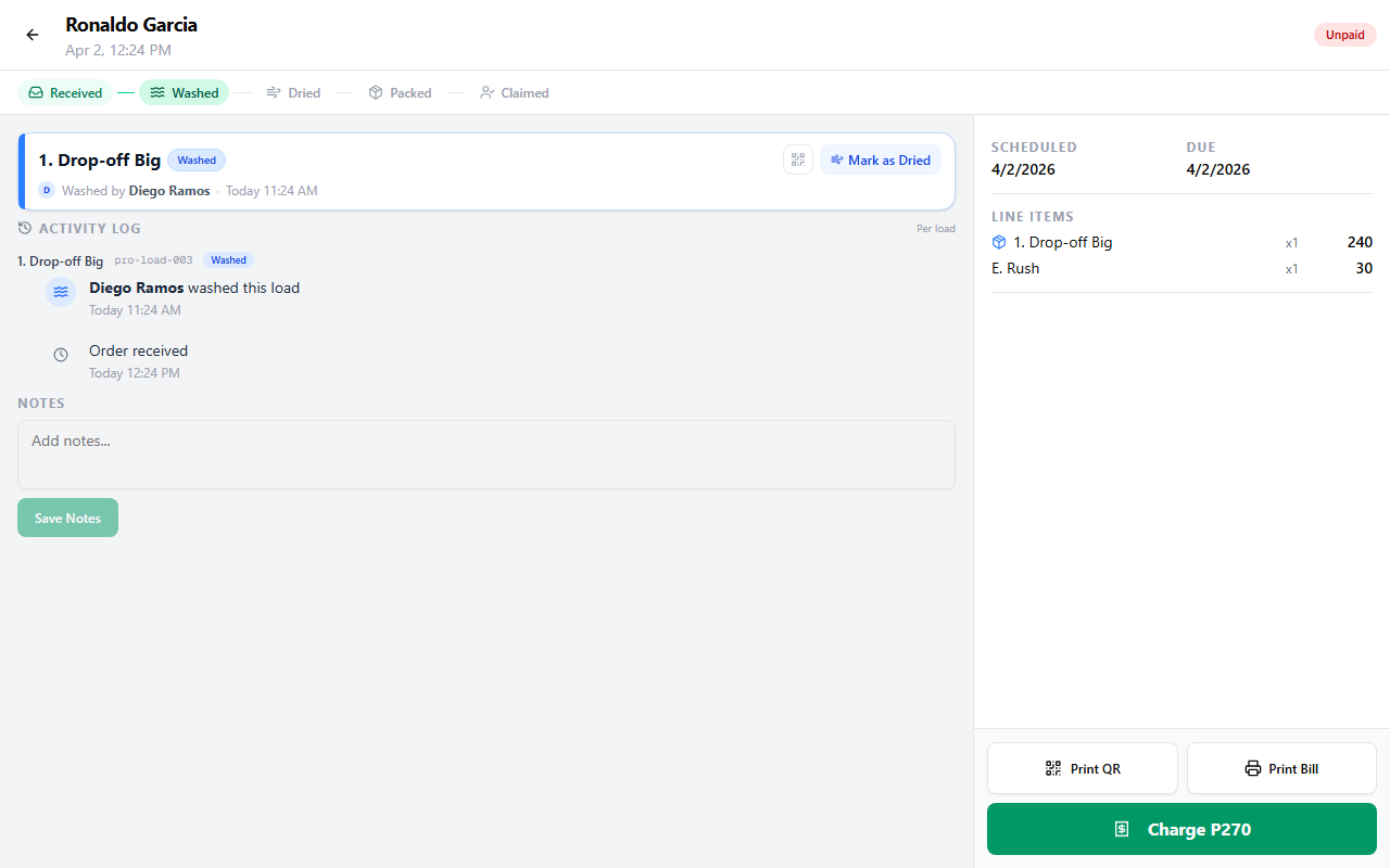 Unpaid order showing the Charge button and Print Bill
