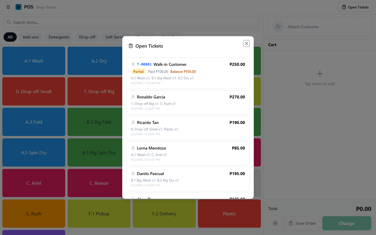 Open Tickets dialog showing an order with the Partial badge and balance info