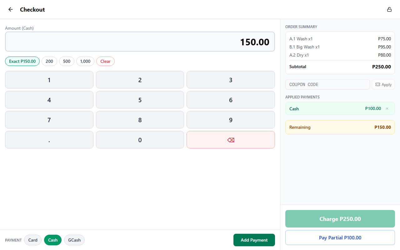 Checkout showing the Pay Partial button below the disabled Charge button