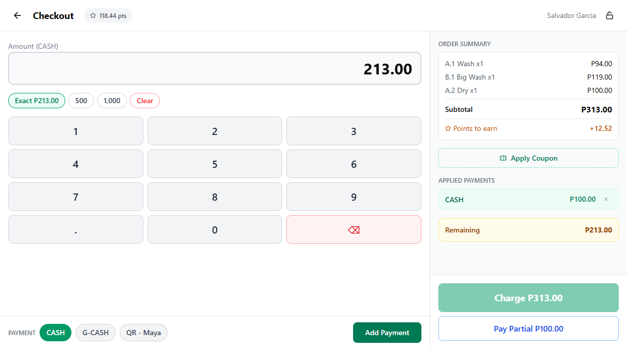 Checkout showing the Pay Partial button below the disabled Charge button