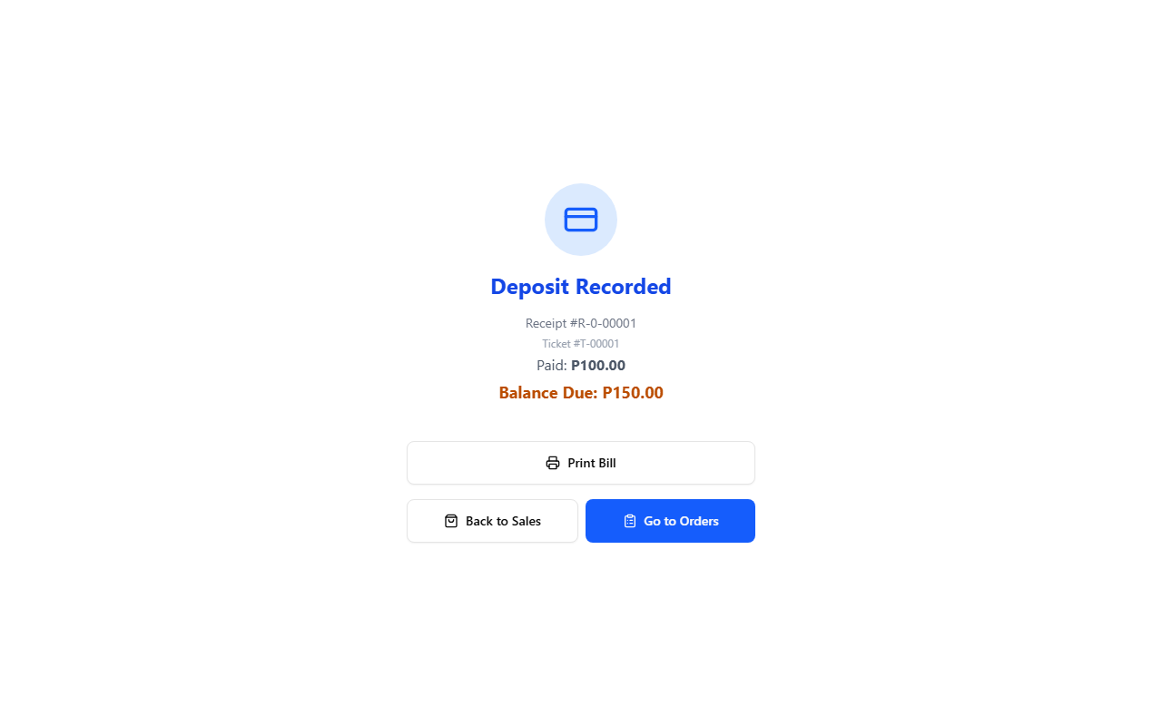 Deposit confirmation screen showing paid amount and balance due