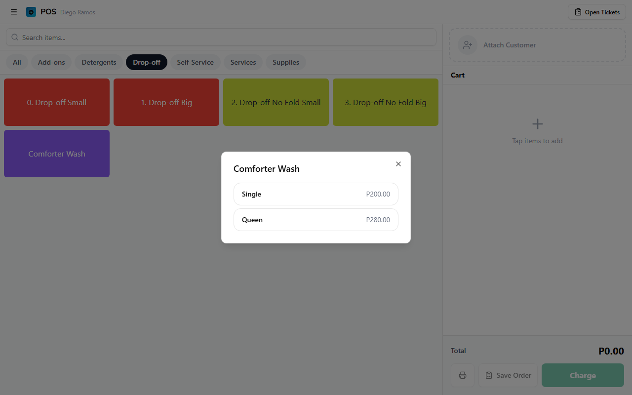 Variant picker dialog for Comforter Wash showing Single and Queen options