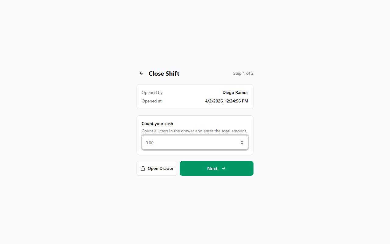 Close Shift step 1 — entering cash count