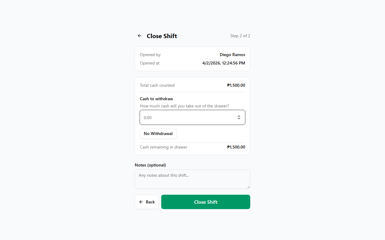 Close Shift step 2 — withdrawal amount and notes
