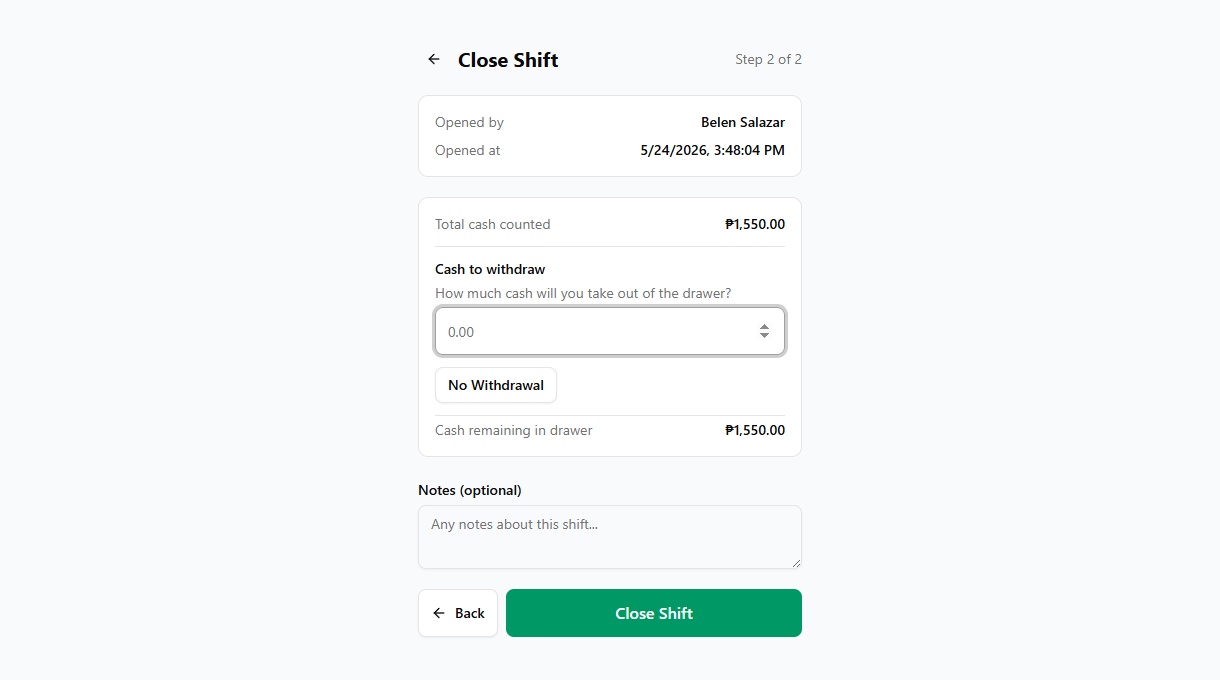 Close Shift step 2, withdrawal amount and notes