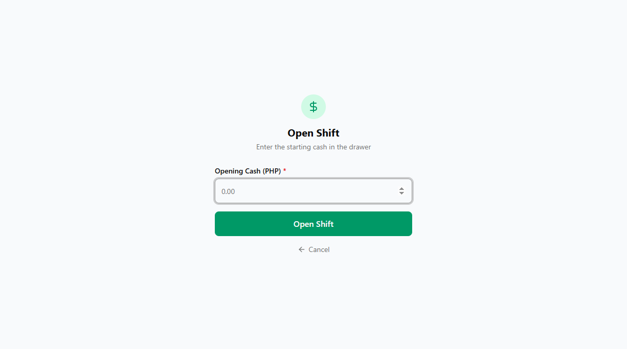 Open Shift screen with opening cash input