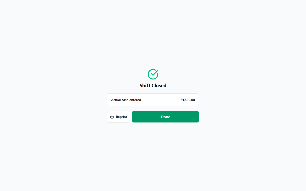 Shift report showing cash drawer summary and sales breakdown