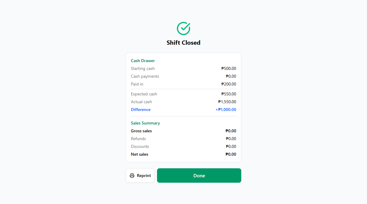 Shift report showing cash drawer summary and sales breakdown
