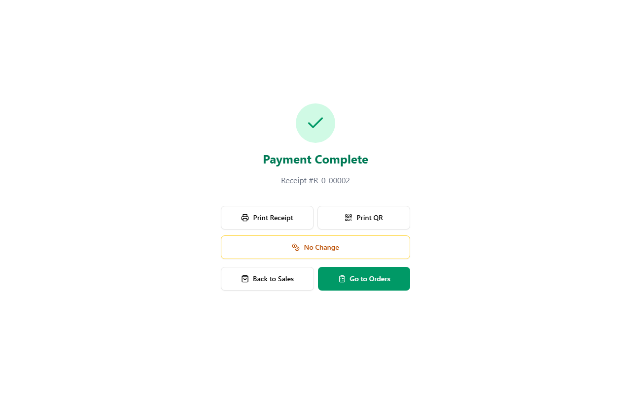 Payment success screen showing the No Change button