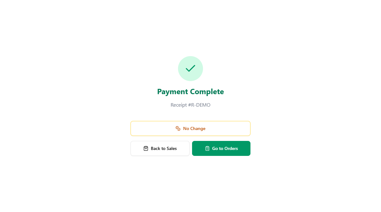 Payment success screen showing the No Change button in amber