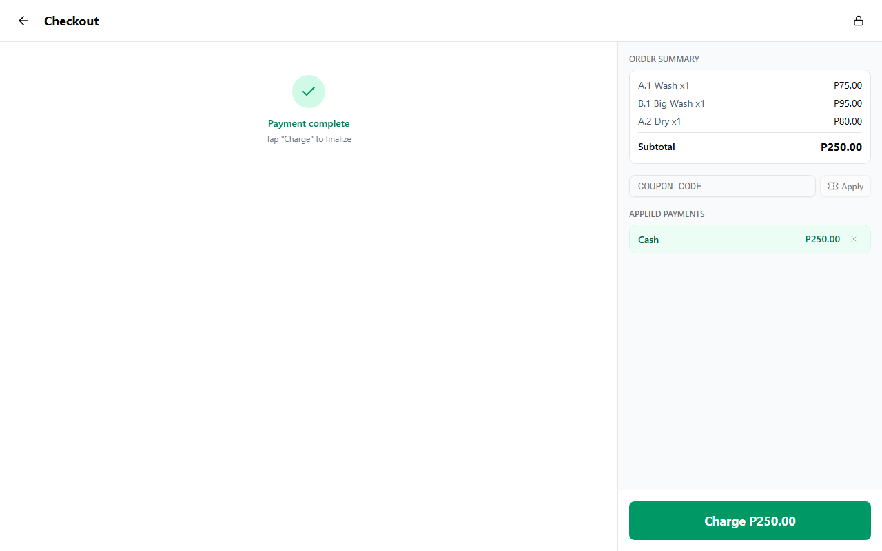 Checkout fully paid with Charge button enabled