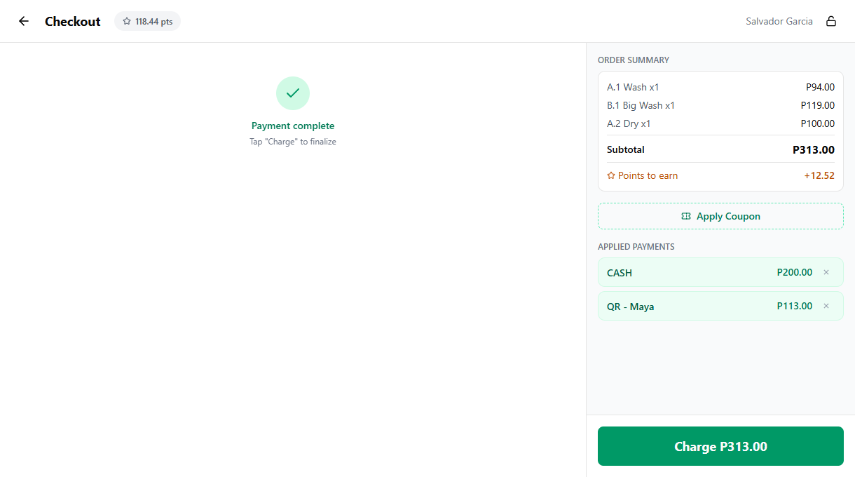 Checkout fully covered with the Charge button enabled and all payments listed