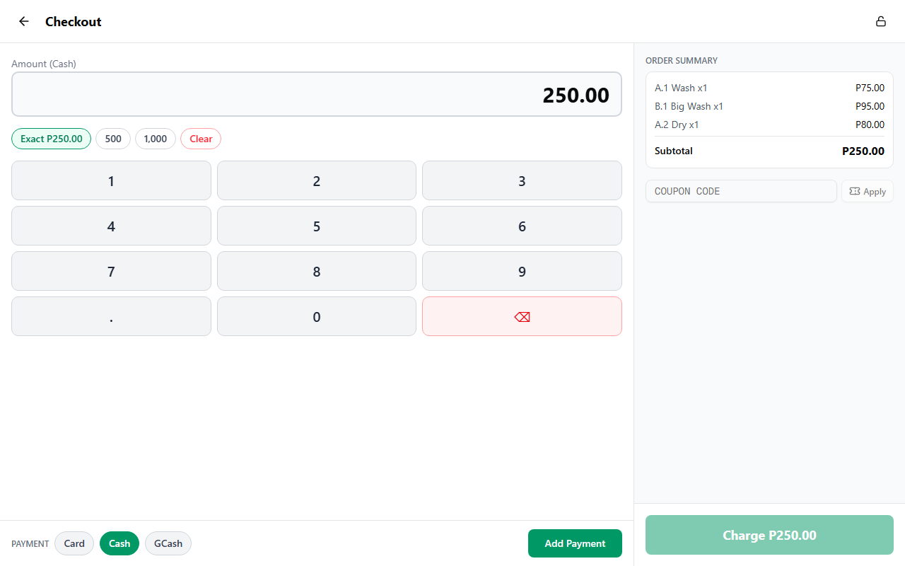 Checkout screen showing payment type pills and numpad