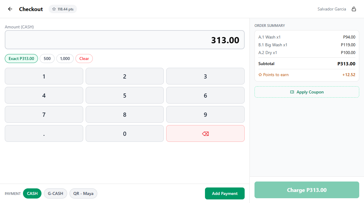 Checkout screen with per-method commit chips, amount input, and order summary on the right
