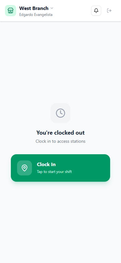 Stations clock-in screen with Clock In button