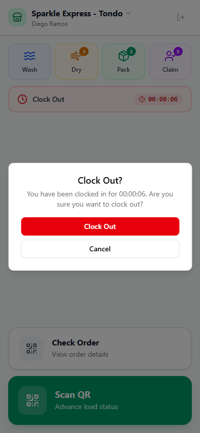 Clock out confirmation dialog showing elapsed time