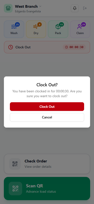 Clock out confirmation dialog showing elapsed time