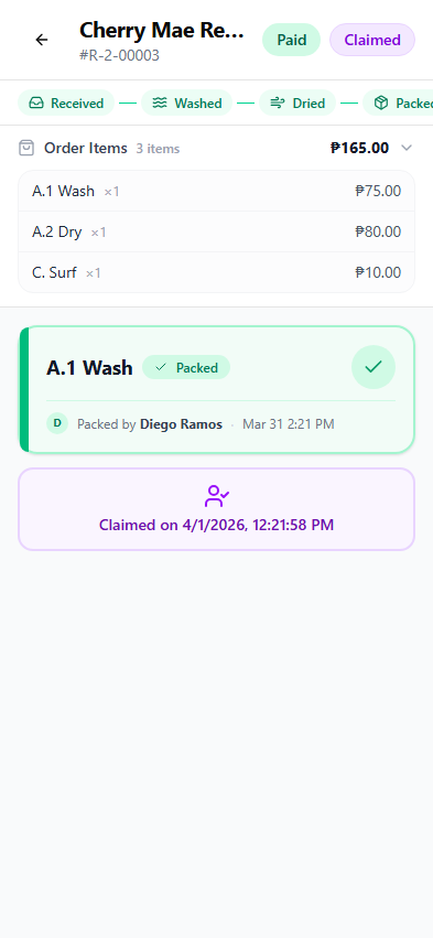 Order detail page showing a claimed order with its timestamp