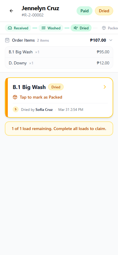 Order detail page showing a load with Dried status and processing history