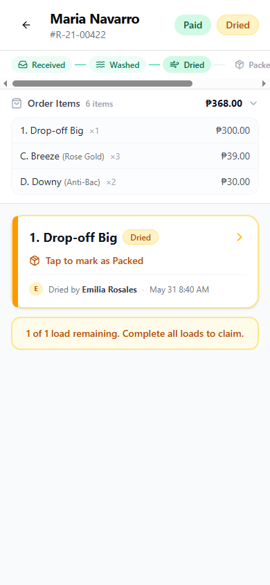 Order detail page showing a load with Dried status and its processing history
