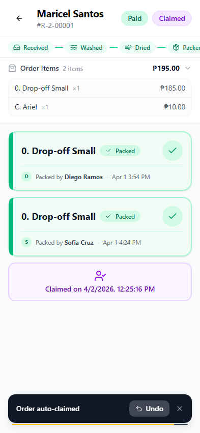 Order detail page showing all loads packed with the Mark as Claimed button