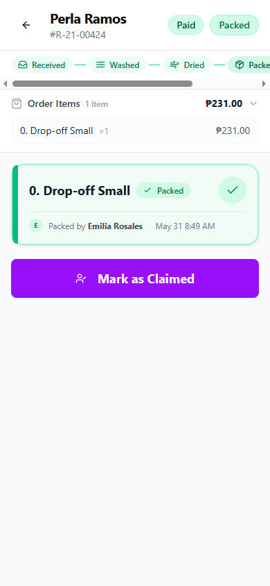 Order detail page with all loads packed and the Mark as Claimed button