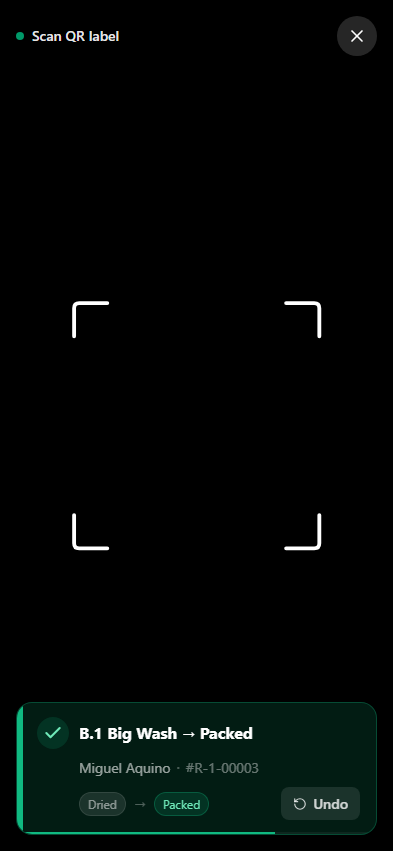 QR scanner showing a load advanced from Dried to Packed