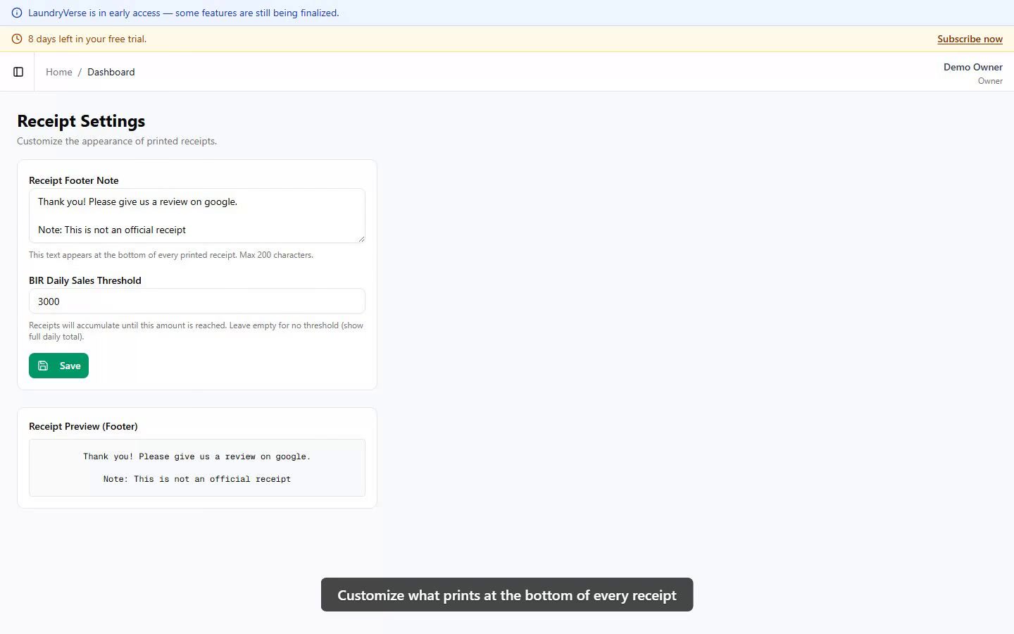 Receipt settings page walkthrough video